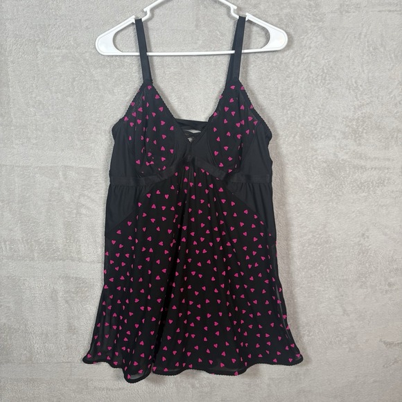 Torrid Black Mesh Flocked French Pink Hearts Babydoll Lingerie Chemise Size 2 2X - Picture 5 of 9